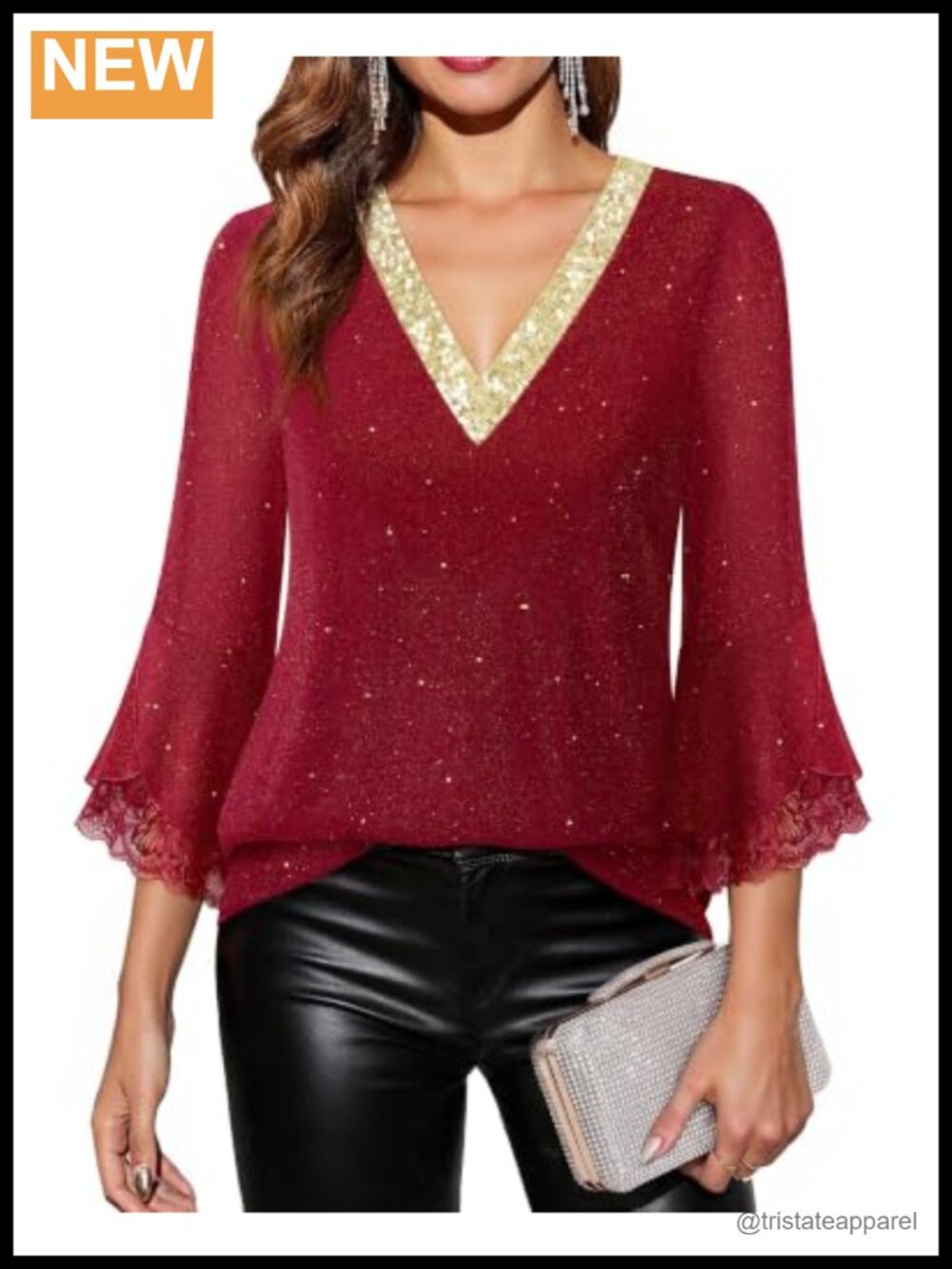 Sequin V Neck Blouse 3/4 Sleeve Sparkly Glitter Lace Petal Women's Top